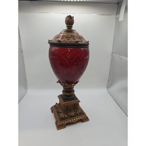 Ruby Red Glass & Ornate Bronze Finished Resin Lidded Jar, Oya Style 12-inch